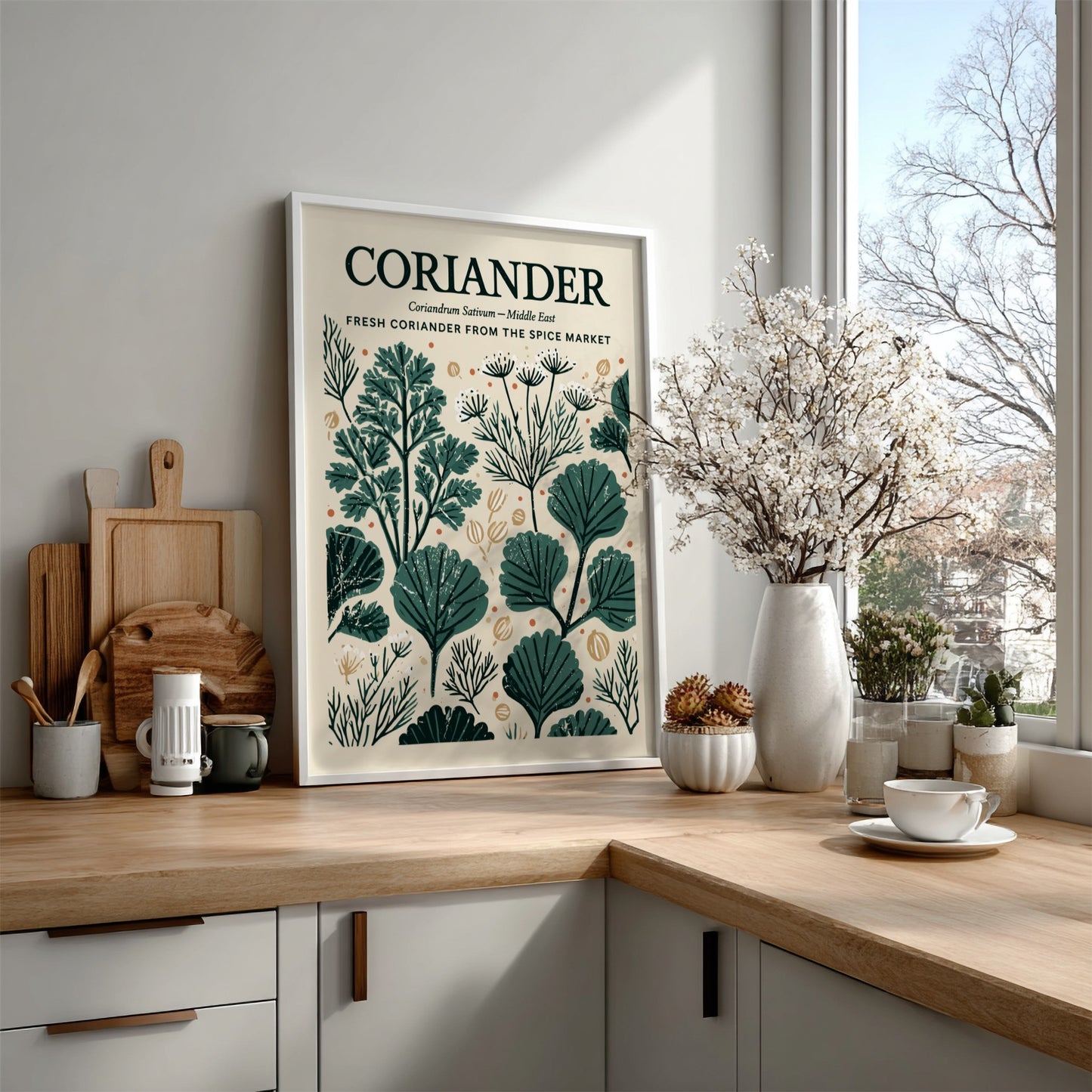 Kitchen poster featuring coriander illustrations in green tones, botanical style, perfect for decor