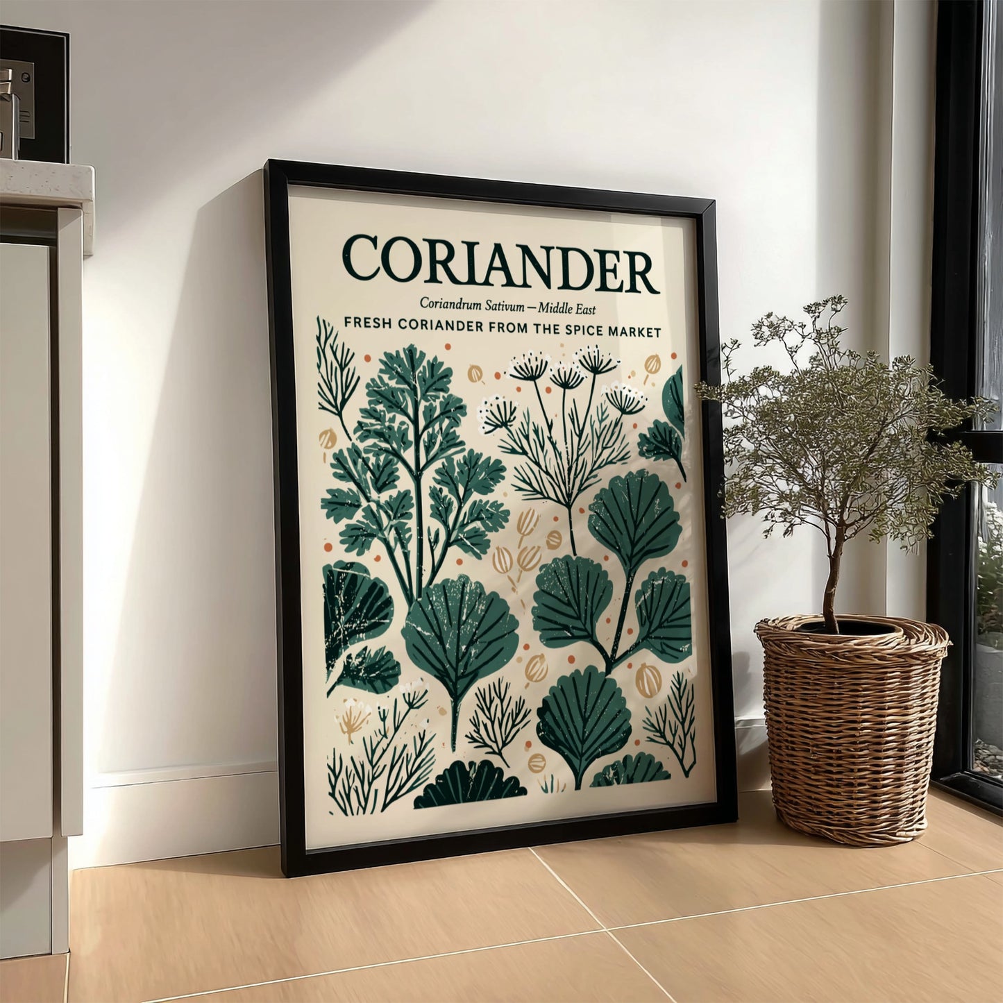 Kitchen poster featuring coriander illustrations in green tones, botanical style, perfect for decor