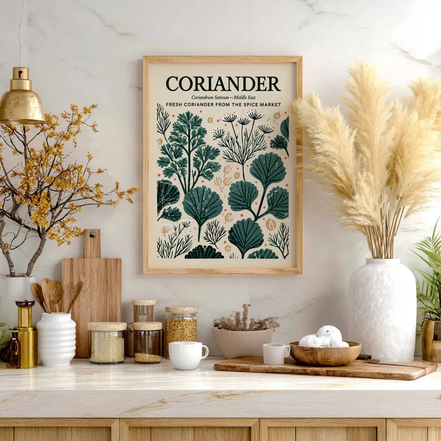 Kitchen poster featuring coriander illustrations in green tones, botanical style, perfect for decor