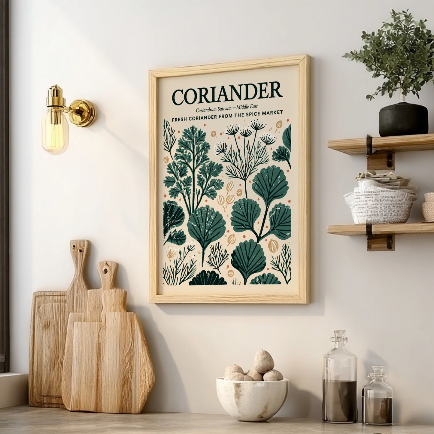 Kitchen poster featuring coriander illustrations in green tones, botanical style, perfect for decor