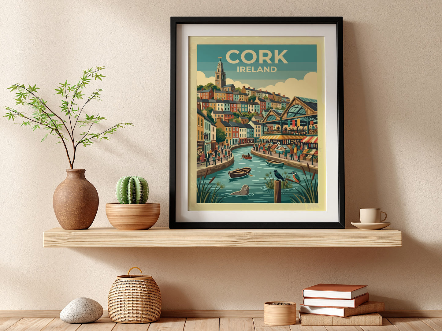 Travel poster of Cork Ireland featuring colourful houses, a riverside market, and wildlife.