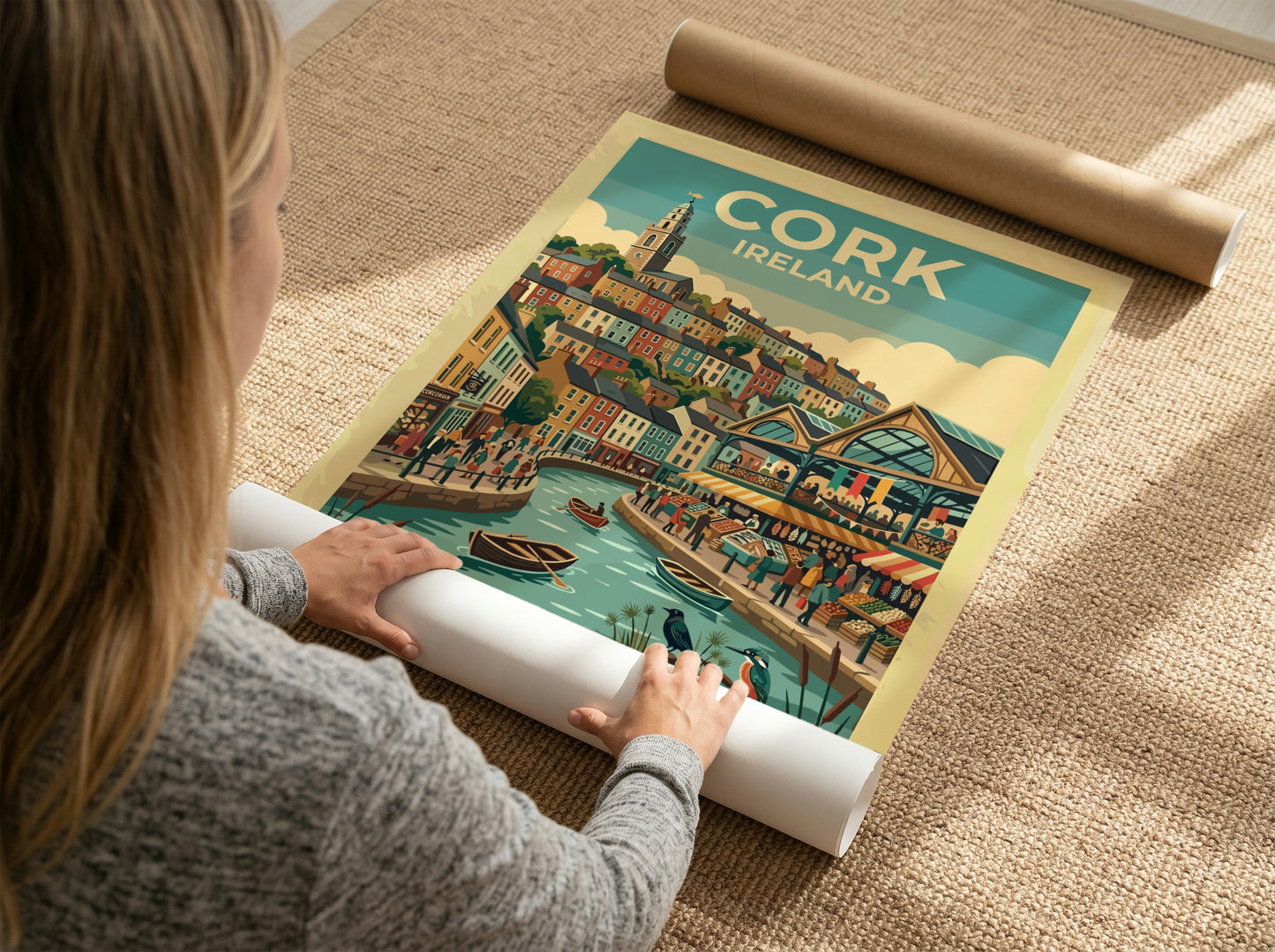 Travel poster of Cork Ireland featuring colourful houses, a riverside market, and wildlife.