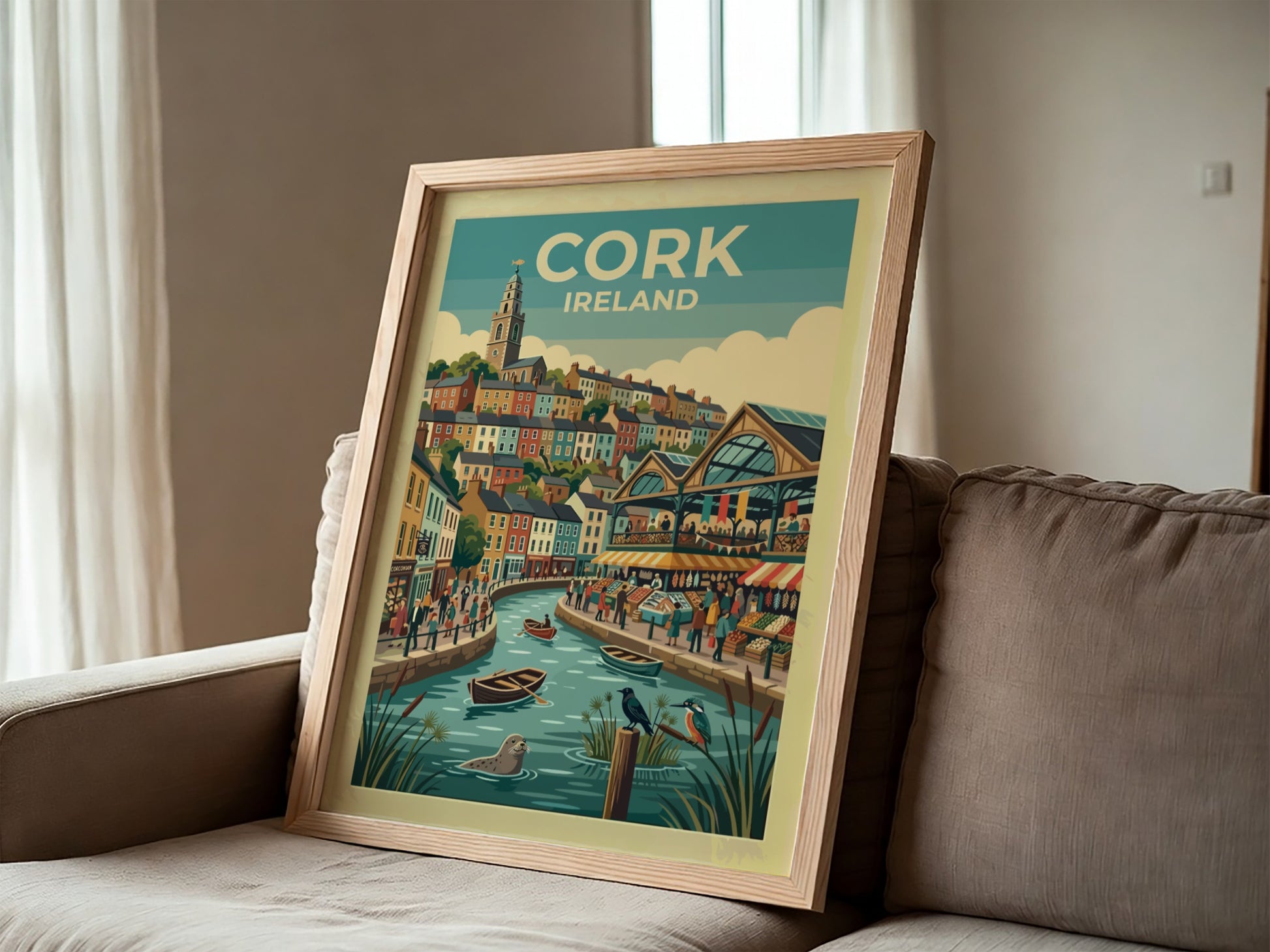 Travel poster of Cork Ireland featuring colourful houses, a riverside market, and wildlife.