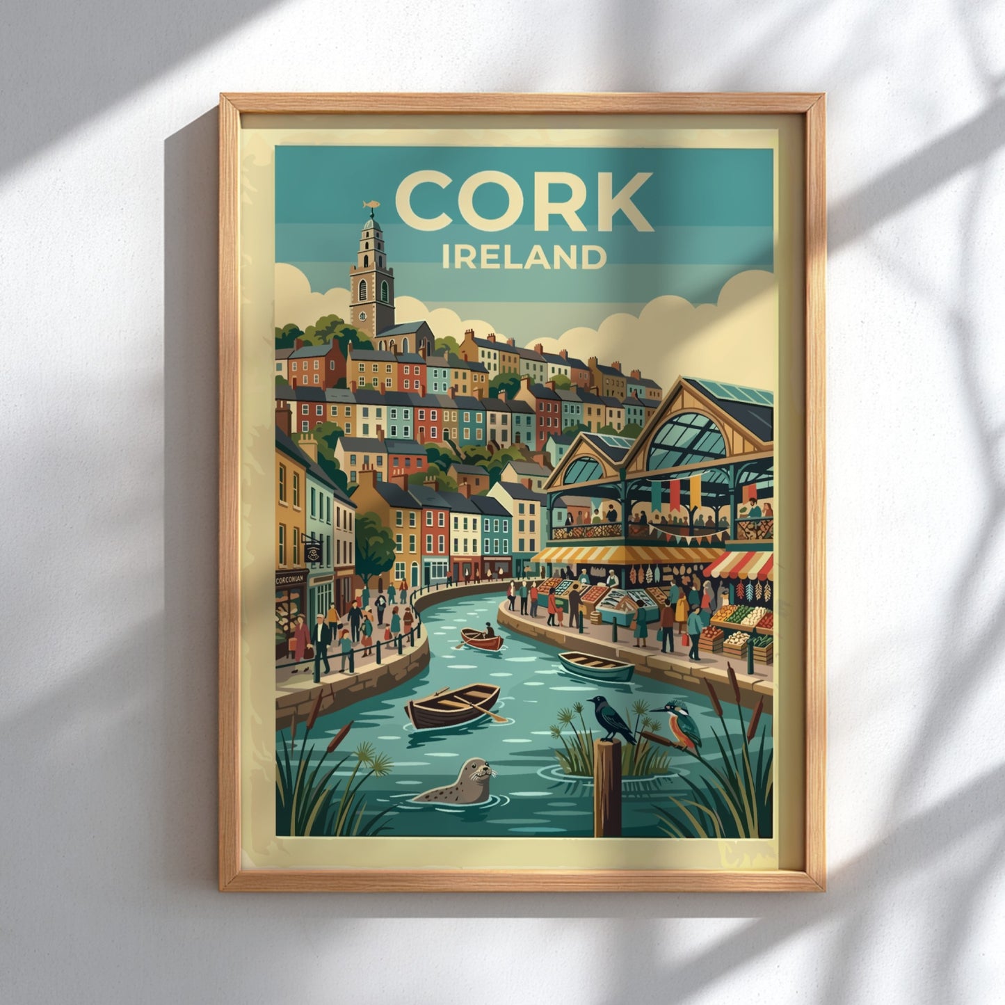 Travel poster of Cork Ireland featuring colourful houses, a riverside market, and wildlife.