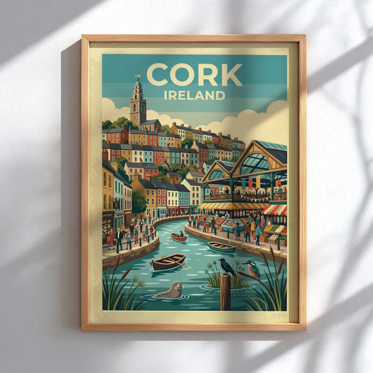 Travel poster of Cork Ireland featuring colourful houses, a riverside market, and wildlife.