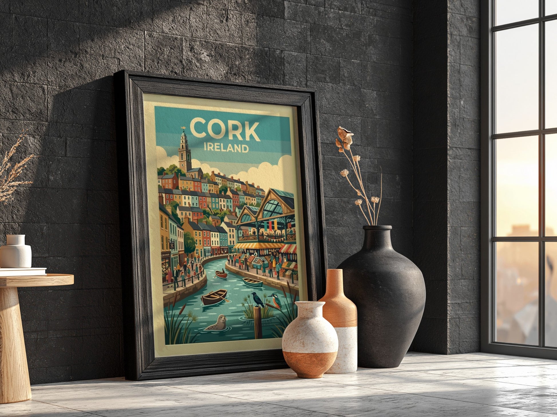 Travel poster of Cork Ireland featuring colourful houses, a riverside market, and wildlife.