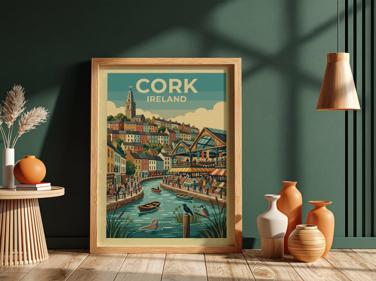 Travel poster of Cork Ireland featuring colourful houses, a riverside market, and wildlife.