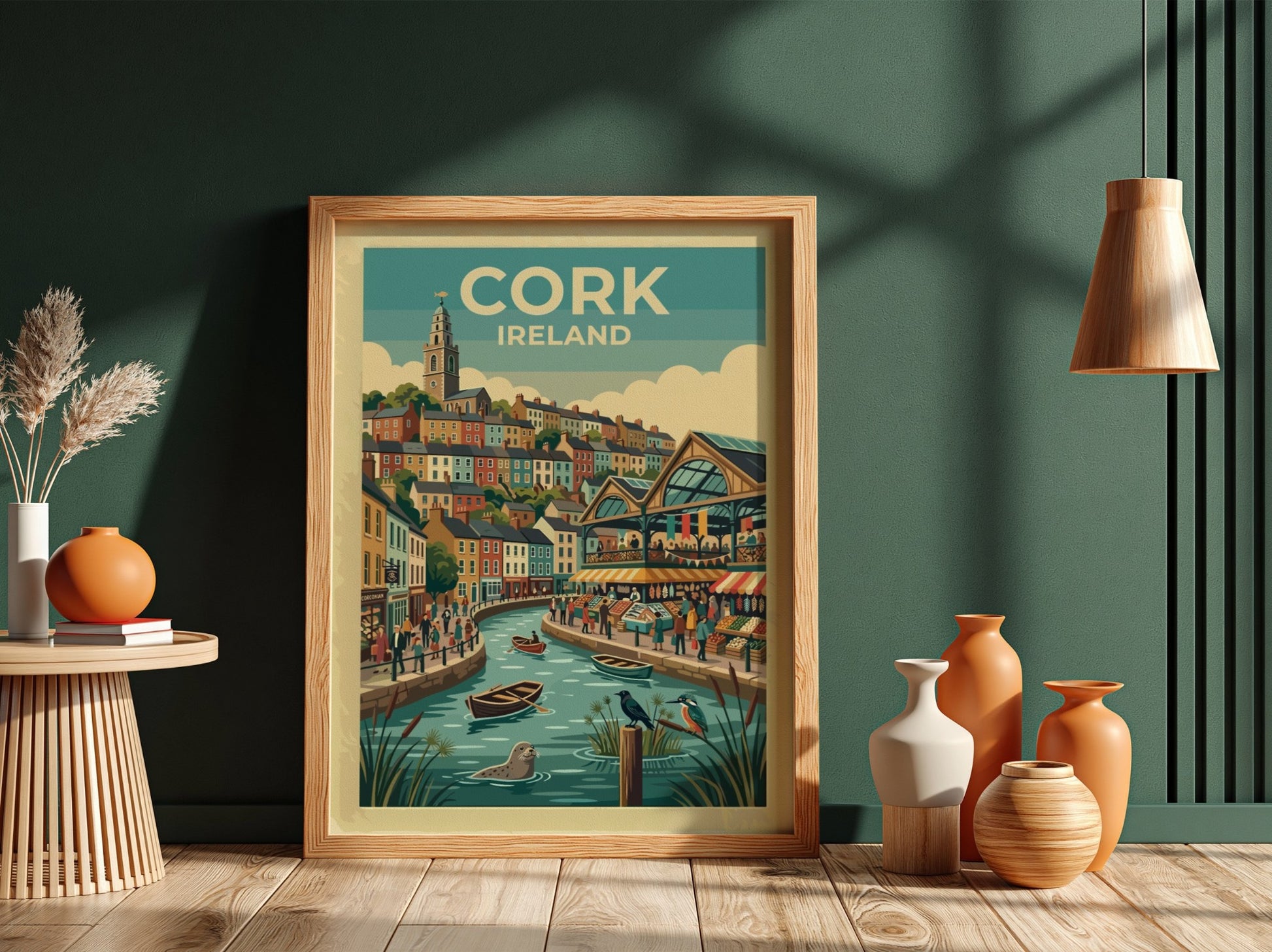 Travel poster of Cork Ireland featuring colourful houses, a riverside market, and wildlife.