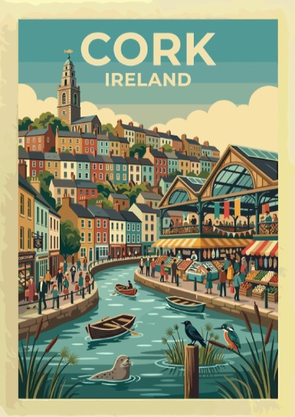 Travel poster of Cork Ireland featuring colourful houses, a riverside market, and wildlife.