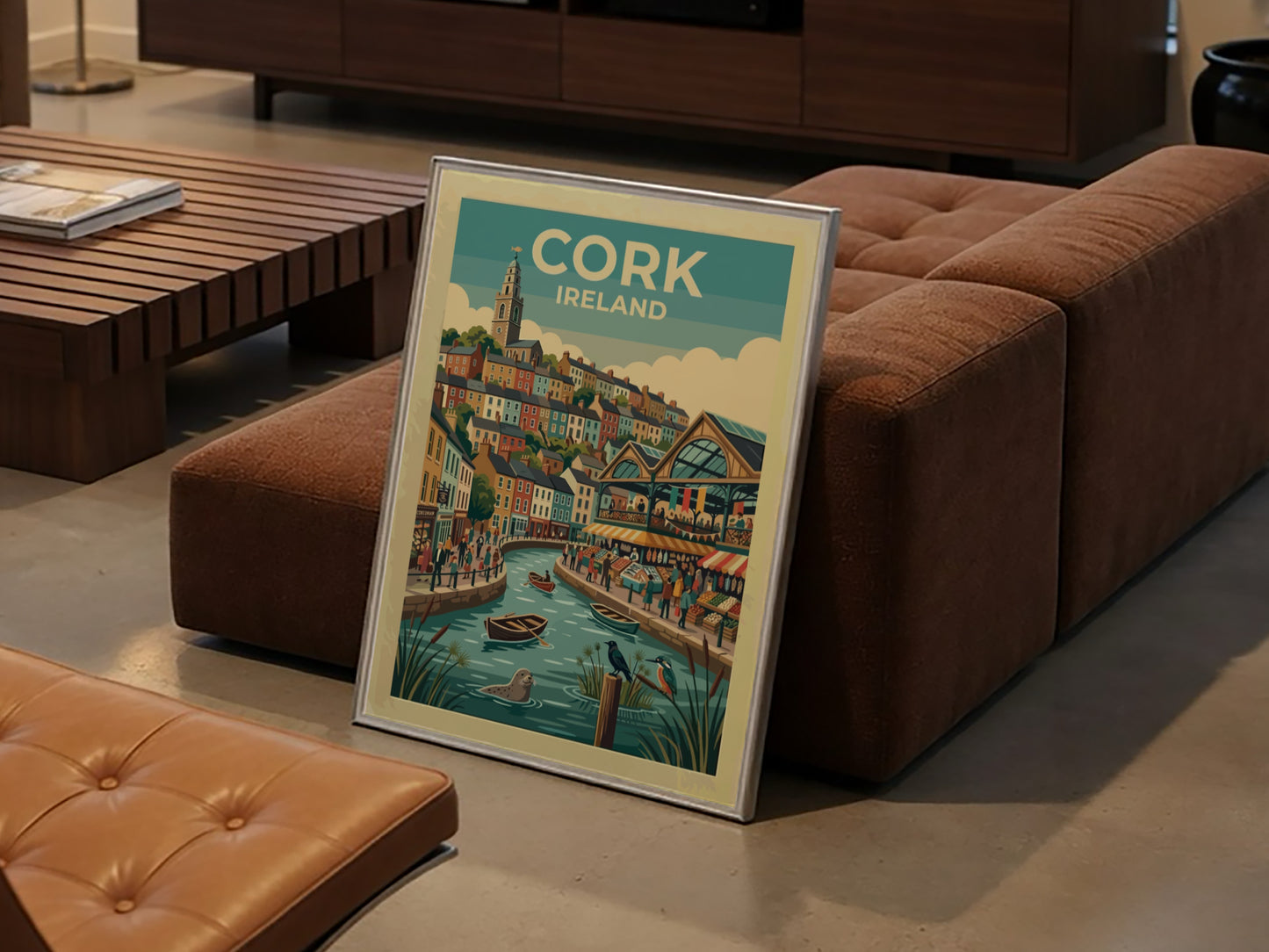 Travel poster of Cork Ireland featuring colourful houses, a riverside market, and wildlife.