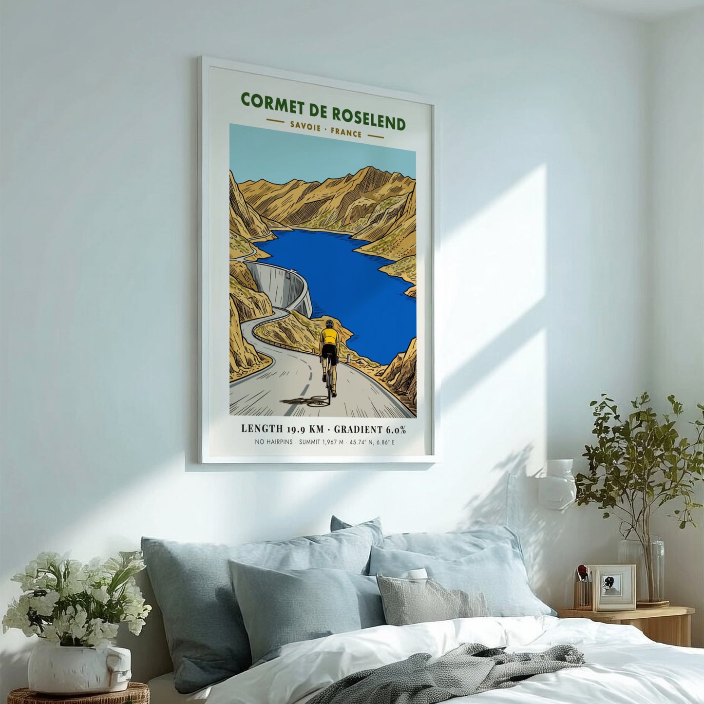 Poster of a cyclist climbing the Cormet de Roselend road above a blue reservoir.