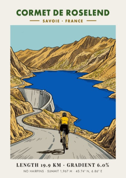 Poster of a cyclist climbing the Cormet de Roselend road above a blue reservoir.