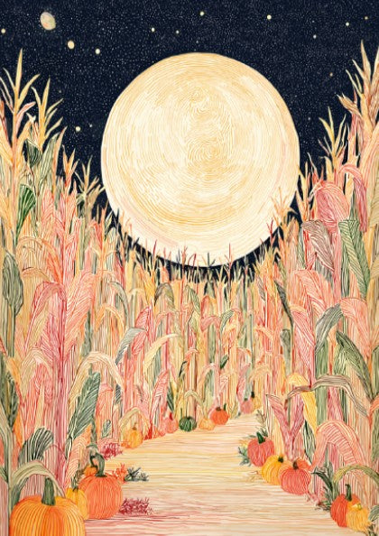 Corn Maze poster featuring a full moon over a colorful cornfield with pumpkins, in a hand-drawn style.
