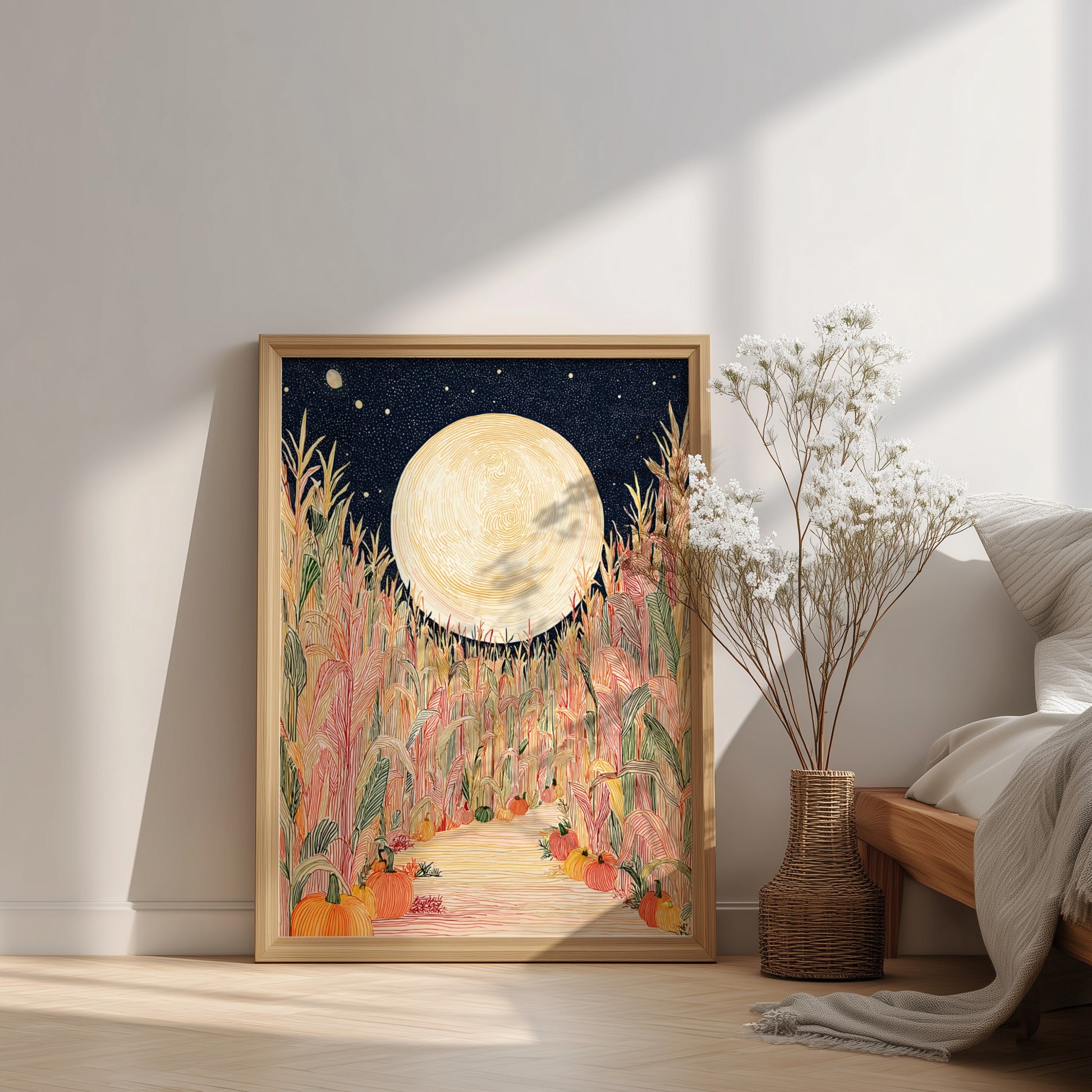Corn Maze poster featuring a full moon over a colorful cornfield with pumpkins, in a hand-drawn style.