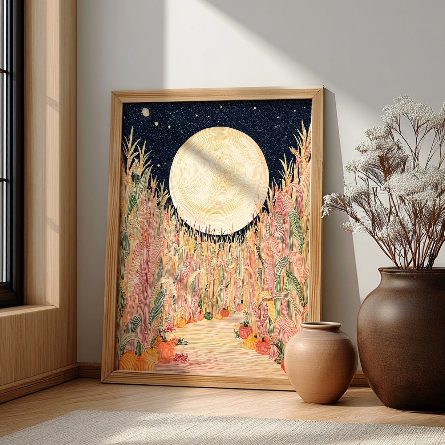 Corn Maze poster featuring a full moon over a colorful cornfield with pumpkins, in a hand-drawn style.