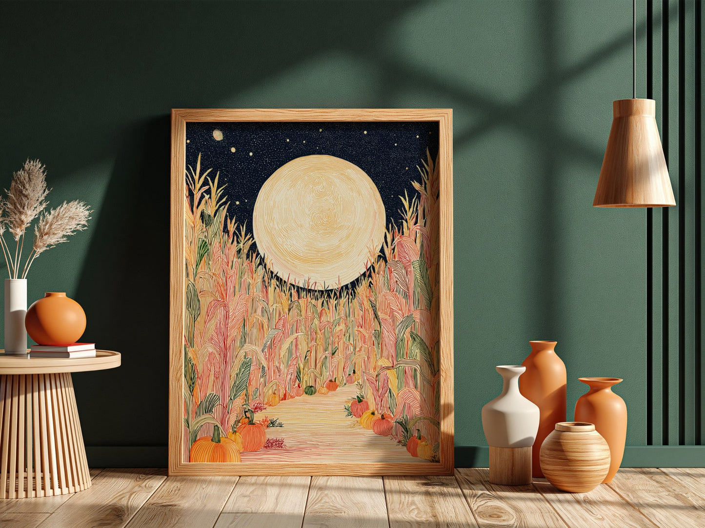 Corn Maze poster featuring a full moon over a colorful cornfield with pumpkins, in a hand-drawn style.