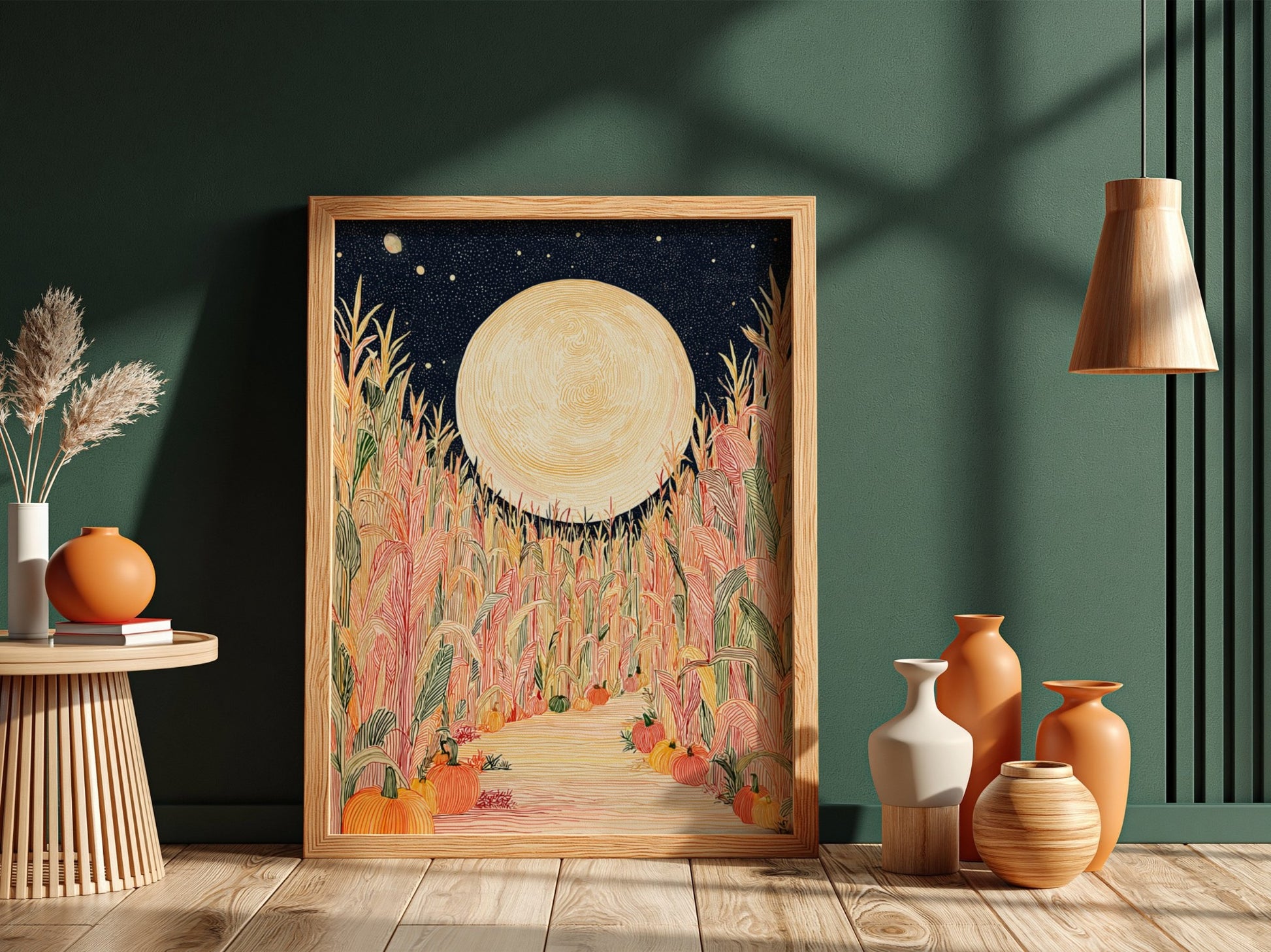 Corn Maze poster featuring a full moon over a colorful cornfield with pumpkins, in a hand-drawn style.