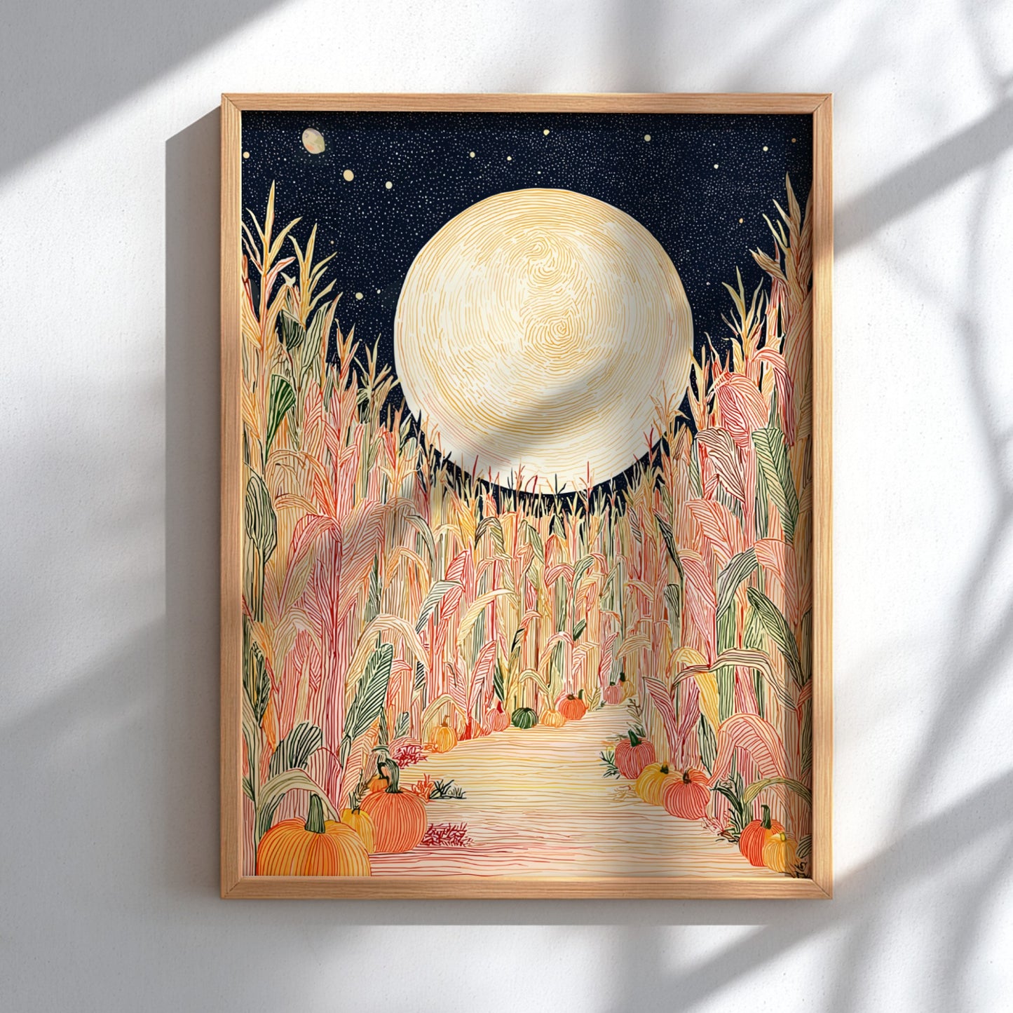 Corn Maze poster featuring a full moon over a colorful cornfield with pumpkins, in a hand-drawn style.