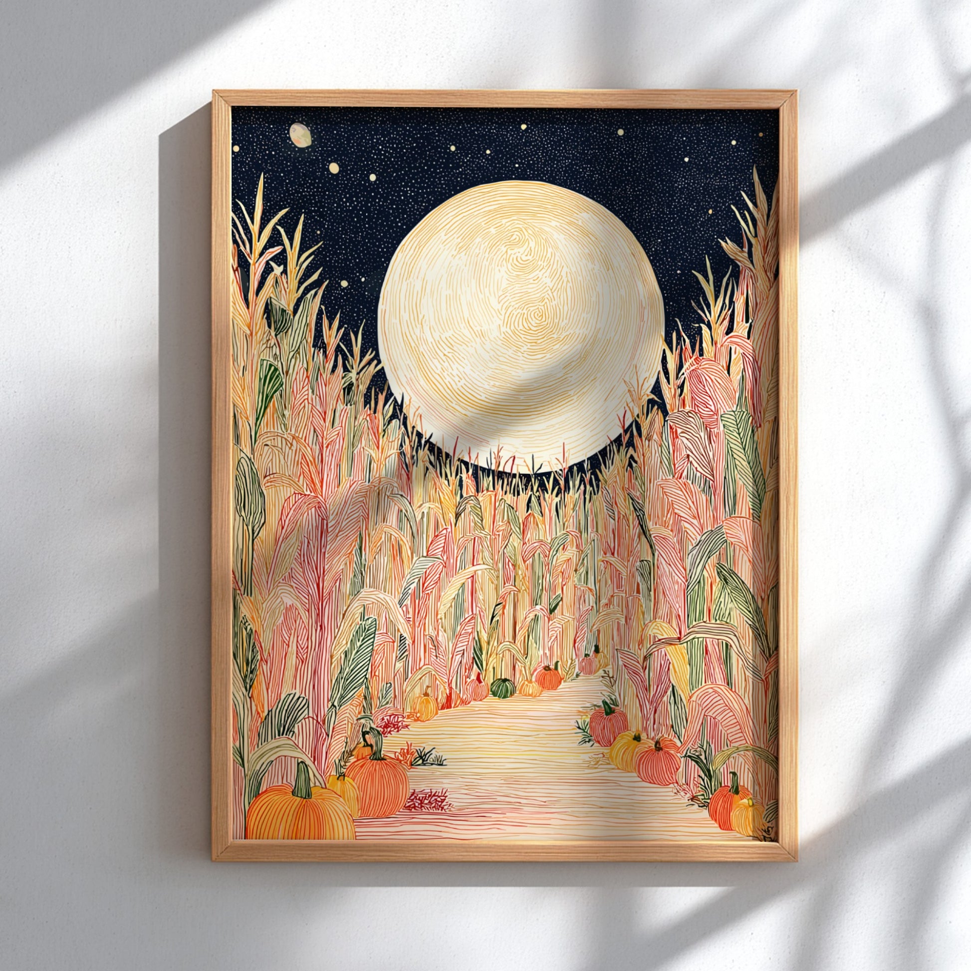 Corn Maze poster featuring a full moon over a colorful cornfield with pumpkins, in a hand-drawn style.