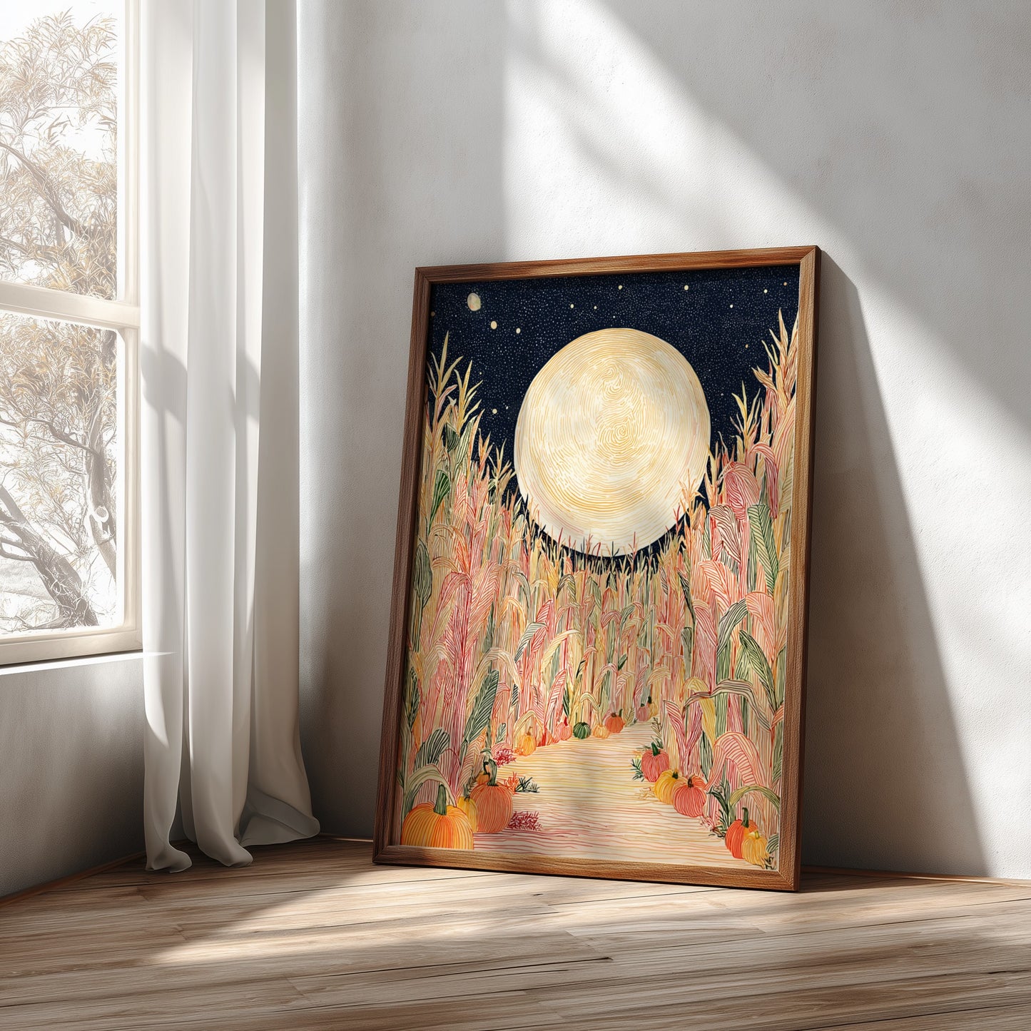 Corn Maze poster featuring a full moon over a colorful cornfield with pumpkins, in a hand-drawn style.