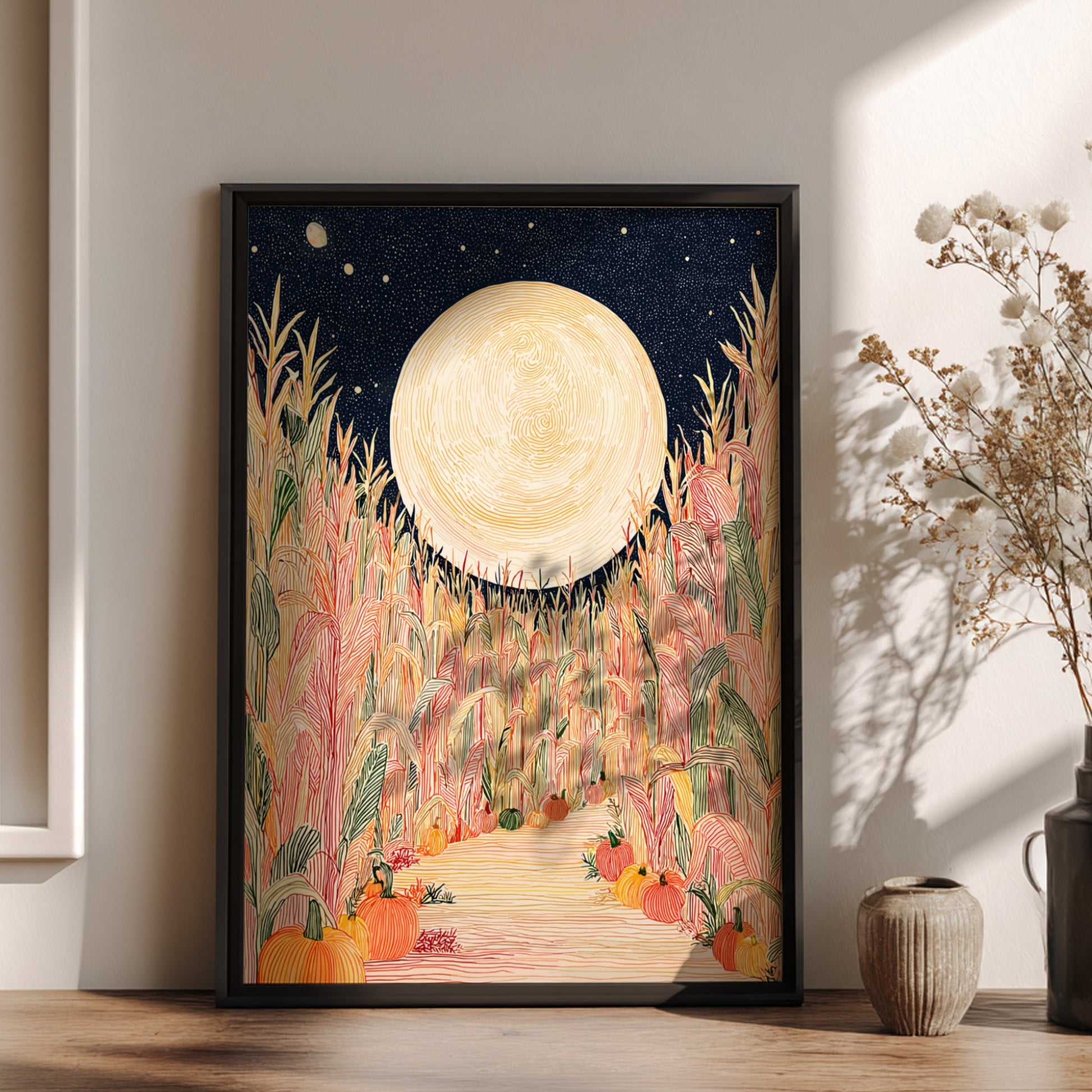 Corn Maze poster featuring a full moon over a colorful cornfield with pumpkins, in a hand-drawn style.