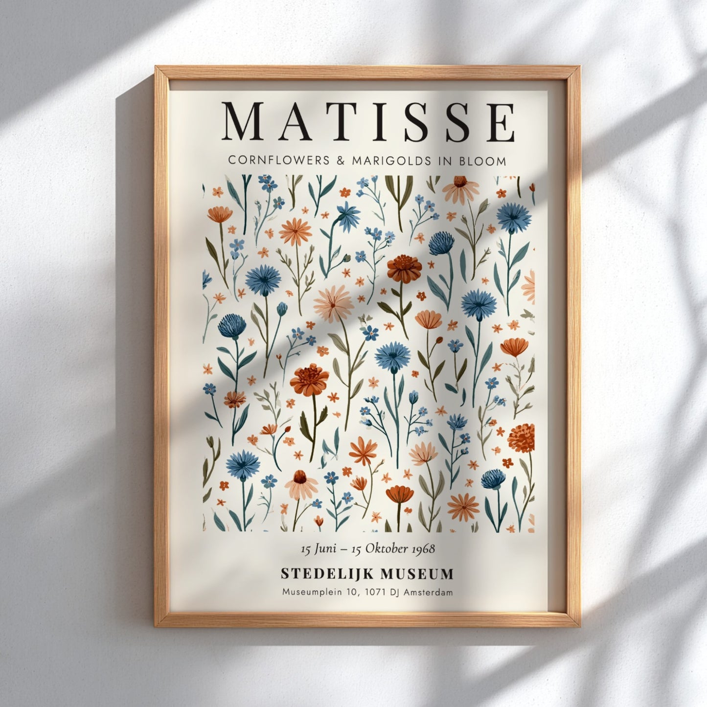 Henri Matisse poster featuring cornflowers and marigolds in vibrant colors, floral art print for wall decor