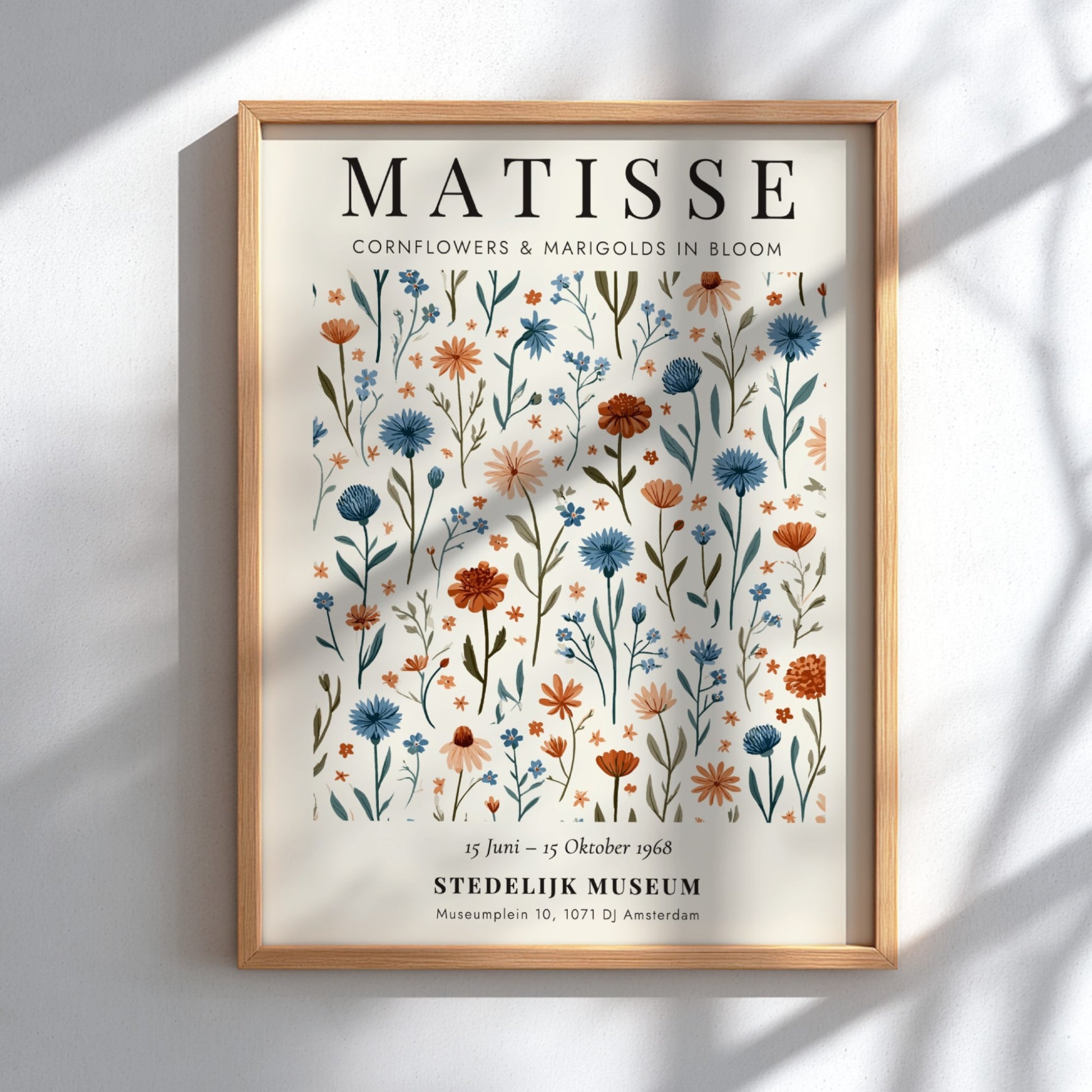 Henri Matisse poster featuring cornflowers and marigolds in vibrant colors, floral art print for wall decor