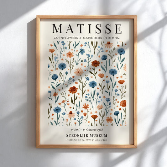 Henri Matisse poster featuring cornflowers and marigolds in vibrant colors, floral art print for wall decor