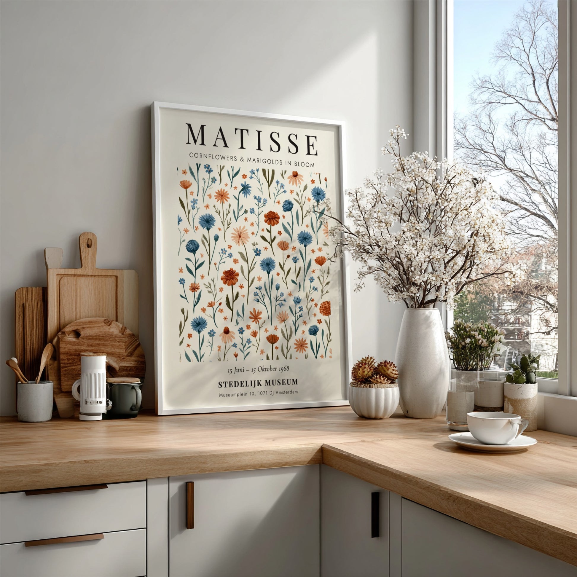 Henri Matisse poster featuring cornflowers and marigolds in vibrant colors, floral art print for wall decor
