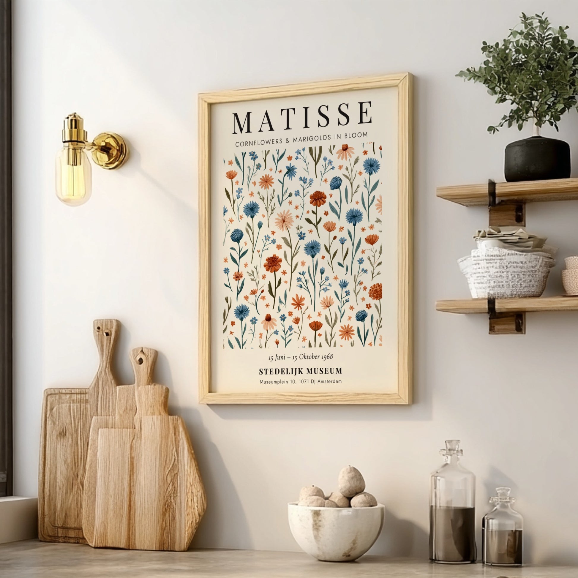 Henri Matisse poster featuring cornflowers and marigolds in vibrant colors, floral art print for wall decor