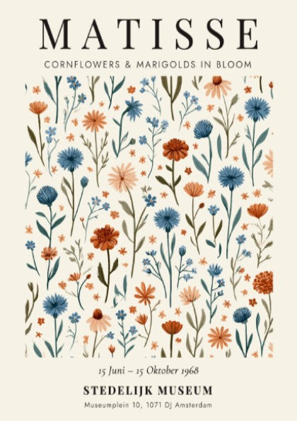 Henri Matisse poster featuring cornflowers and marigolds in vibrant colors, floral art print for wall decor
