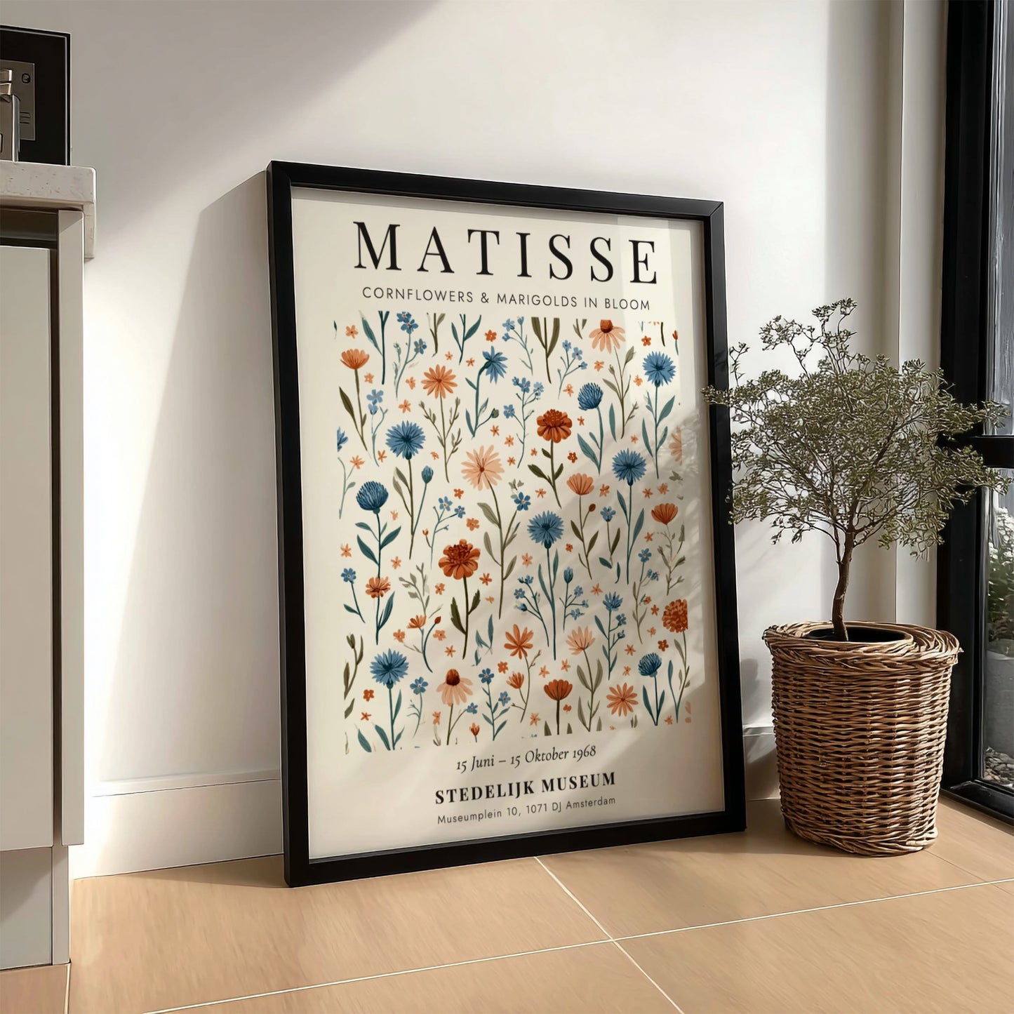 Henri Matisse poster featuring cornflowers and marigolds in vibrant colors, floral art print for wall decor