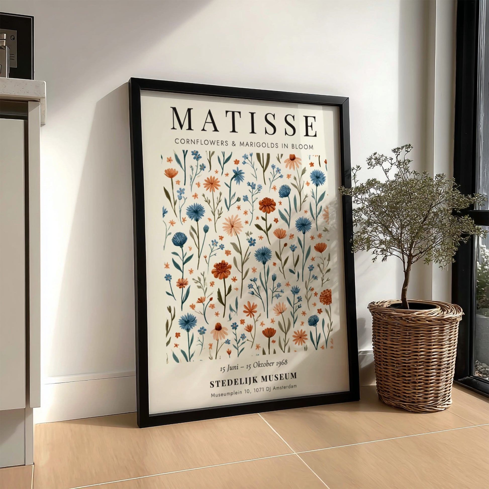 Henri Matisse poster featuring cornflowers and marigolds in vibrant colors, floral art print for wall decor