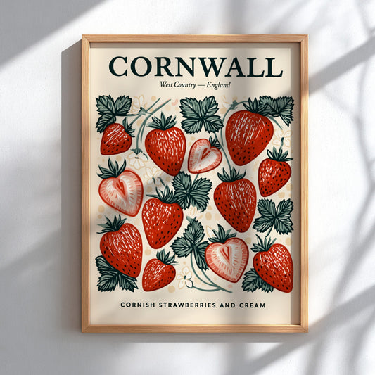 Kitchen poster featuring vibrant strawberries in vintage style, perfect for home decor.