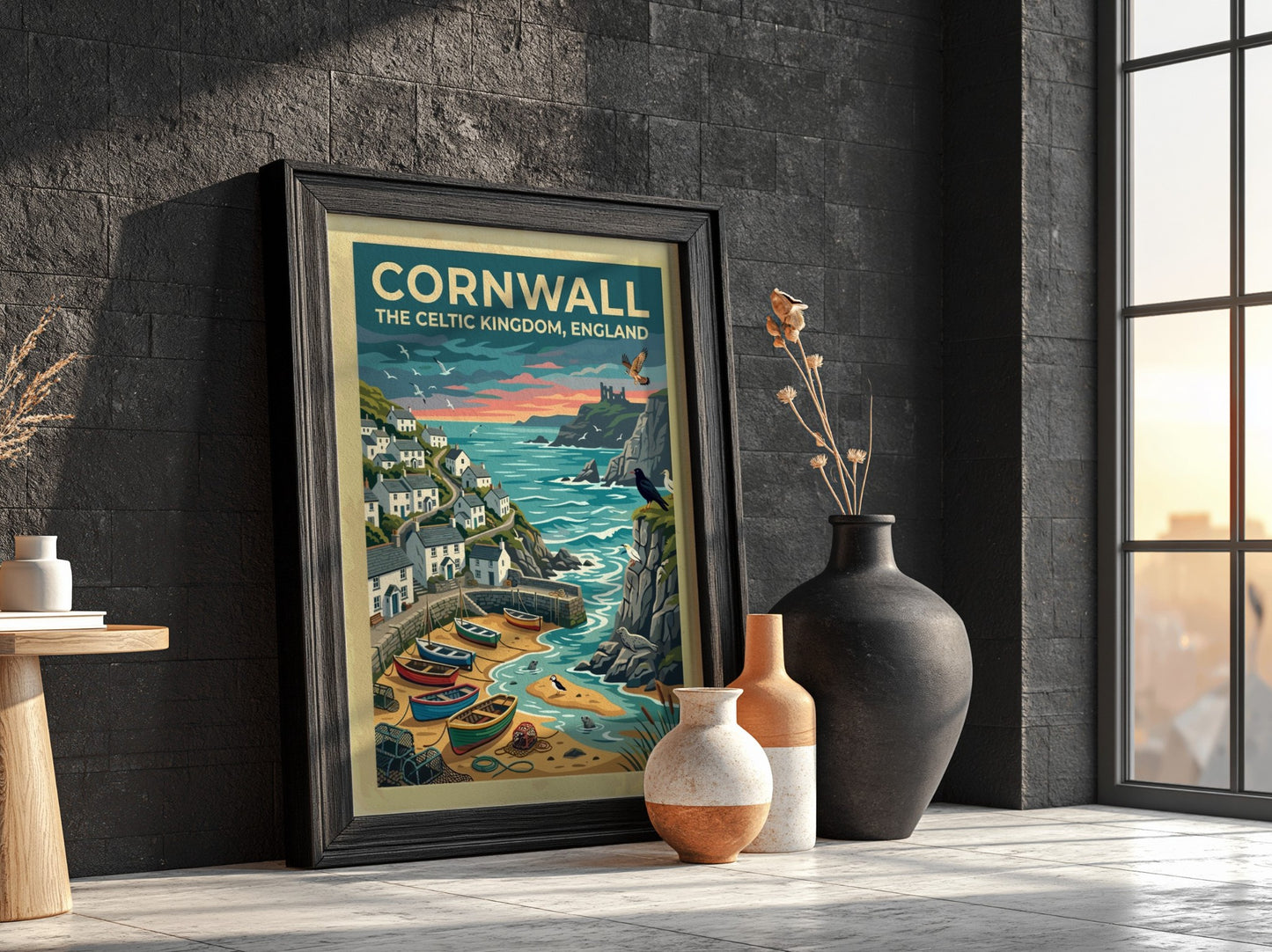 Travel poster of Cornwall featuring white cottages, fishing boats, and seabirds by cliffs.