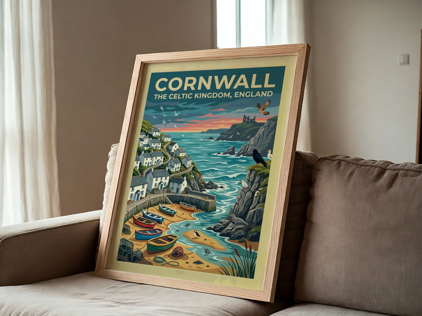 Travel poster of Cornwall featuring white cottages, fishing boats, and seabirds by cliffs.