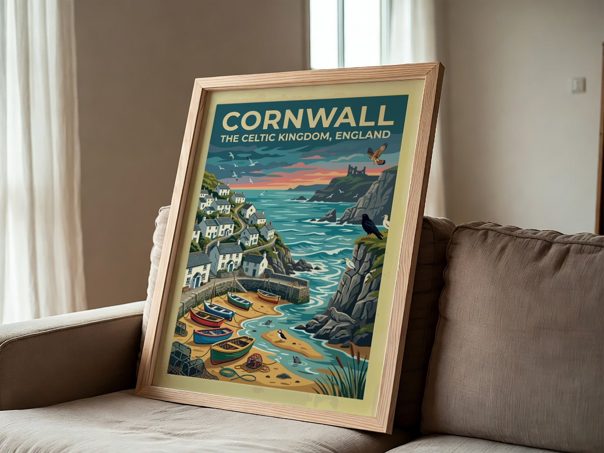 Travel poster of Cornwall featuring white cottages, fishing boats, and seabirds by cliffs.