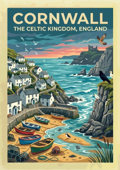 Travel poster of Cornwall featuring white cottages, fishing boats, and seabirds by cliffs.
