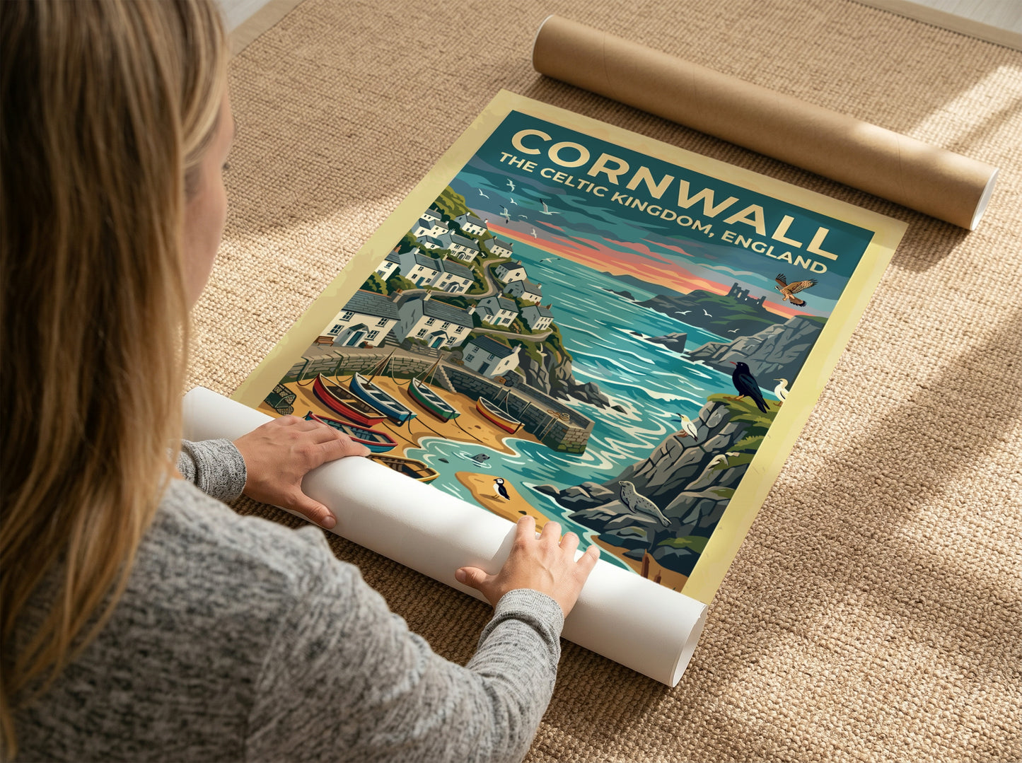Travel poster of Cornwall featuring white cottages, fishing boats, and seabirds by cliffs.