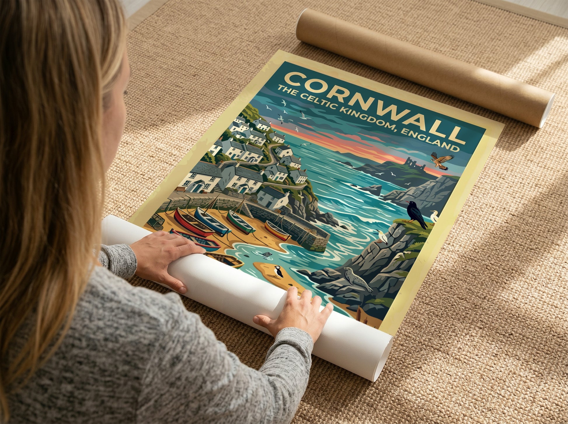 Travel poster of Cornwall featuring white cottages, fishing boats, and seabirds by cliffs.