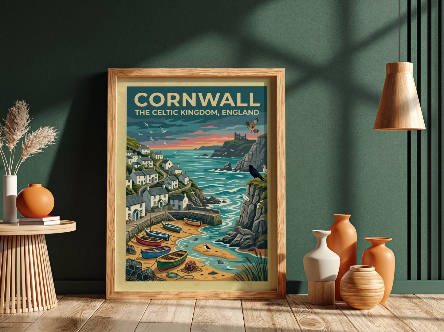 Travel poster of Cornwall featuring white cottages, fishing boats, and seabirds by cliffs.