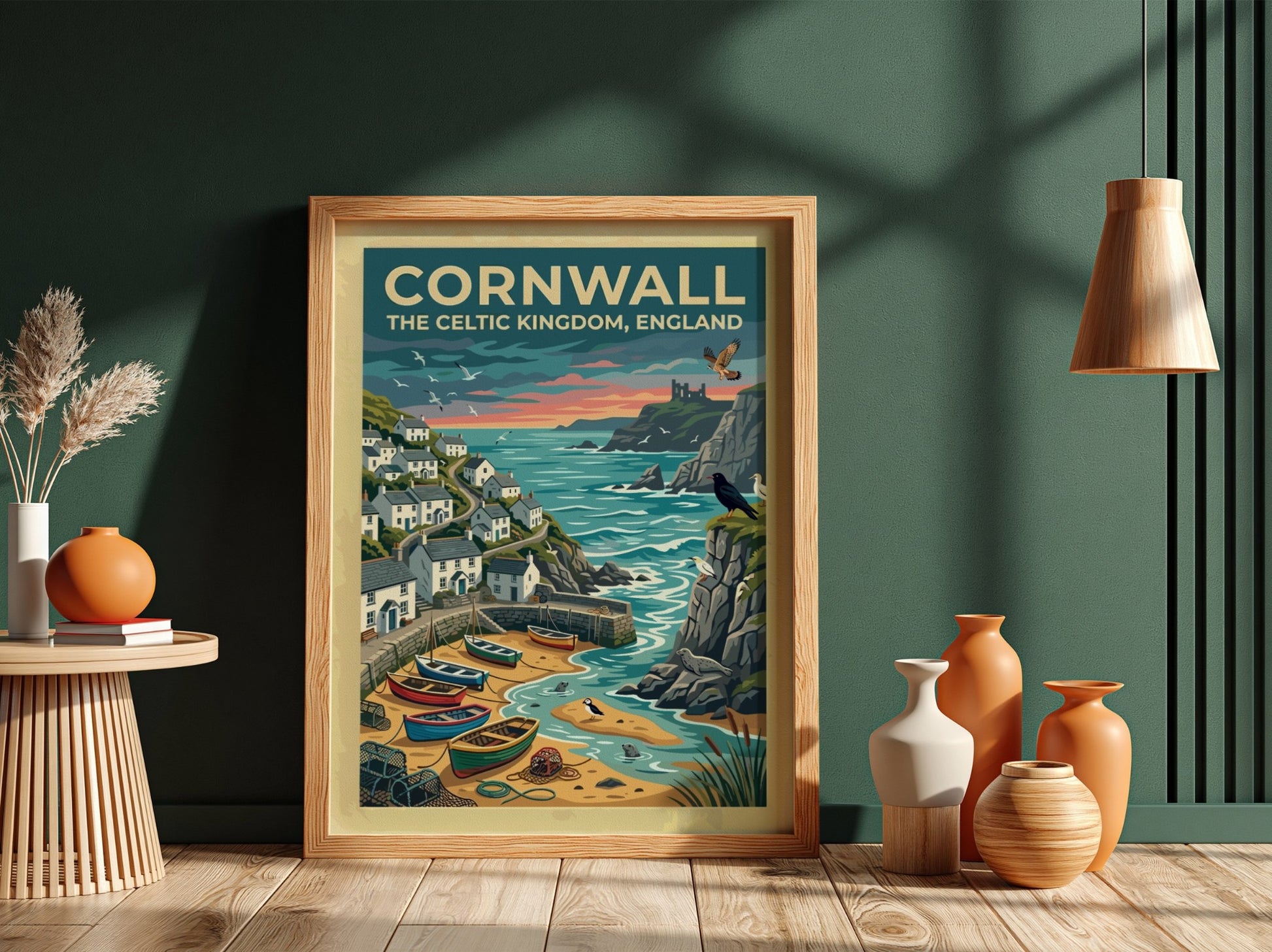 Travel poster of Cornwall featuring white cottages, fishing boats, and seabirds by cliffs.