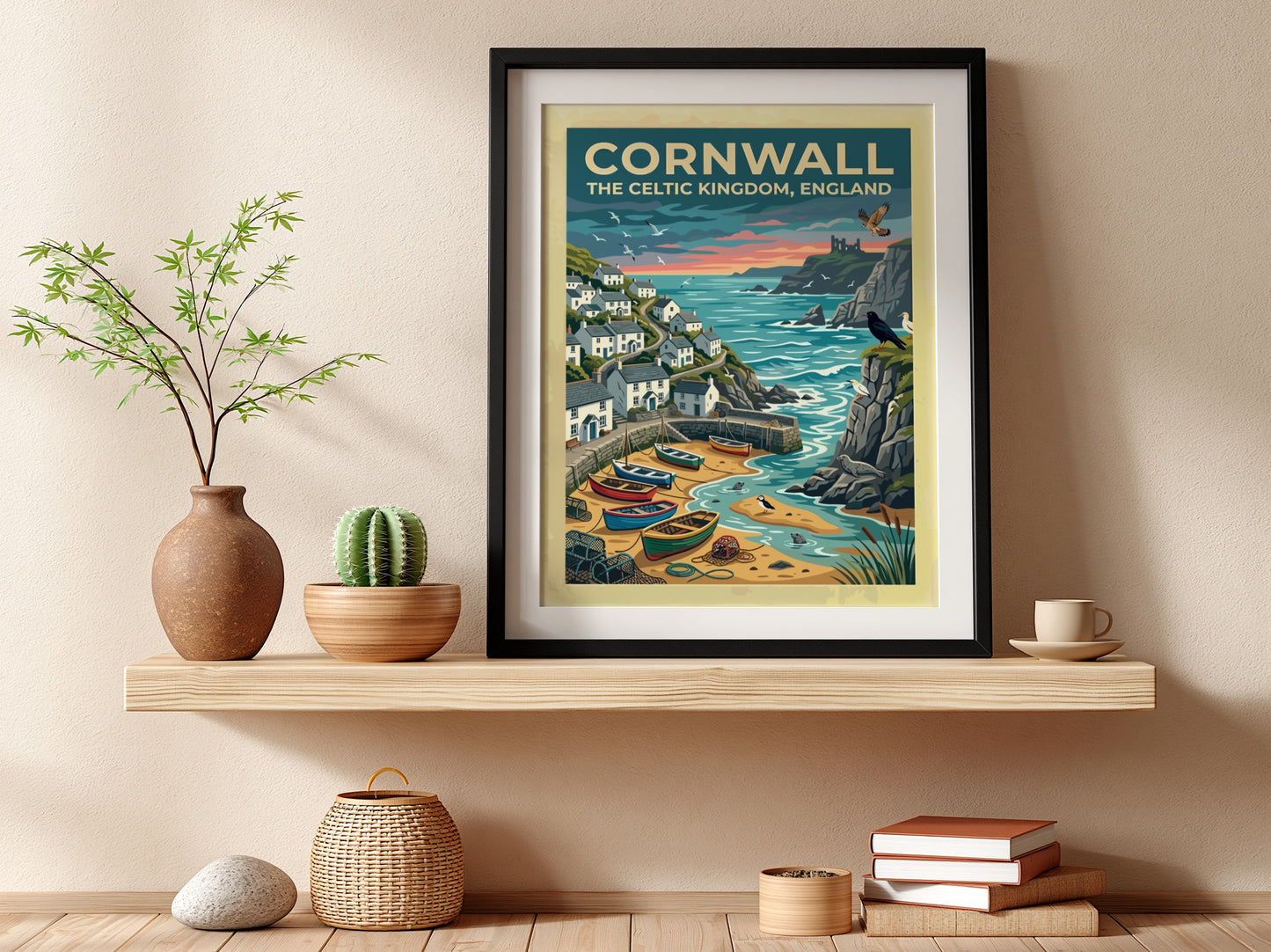 Travel poster of Cornwall featuring white cottages, fishing boats, and seabirds by cliffs.