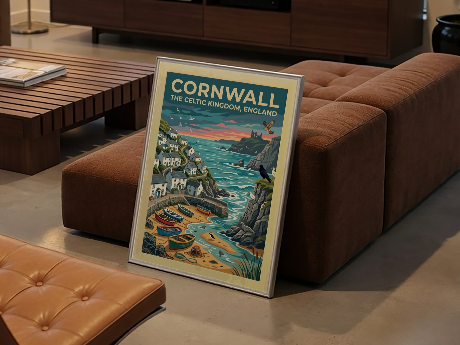 Travel poster of Cornwall featuring white cottages, fishing boats, and seabirds by cliffs.