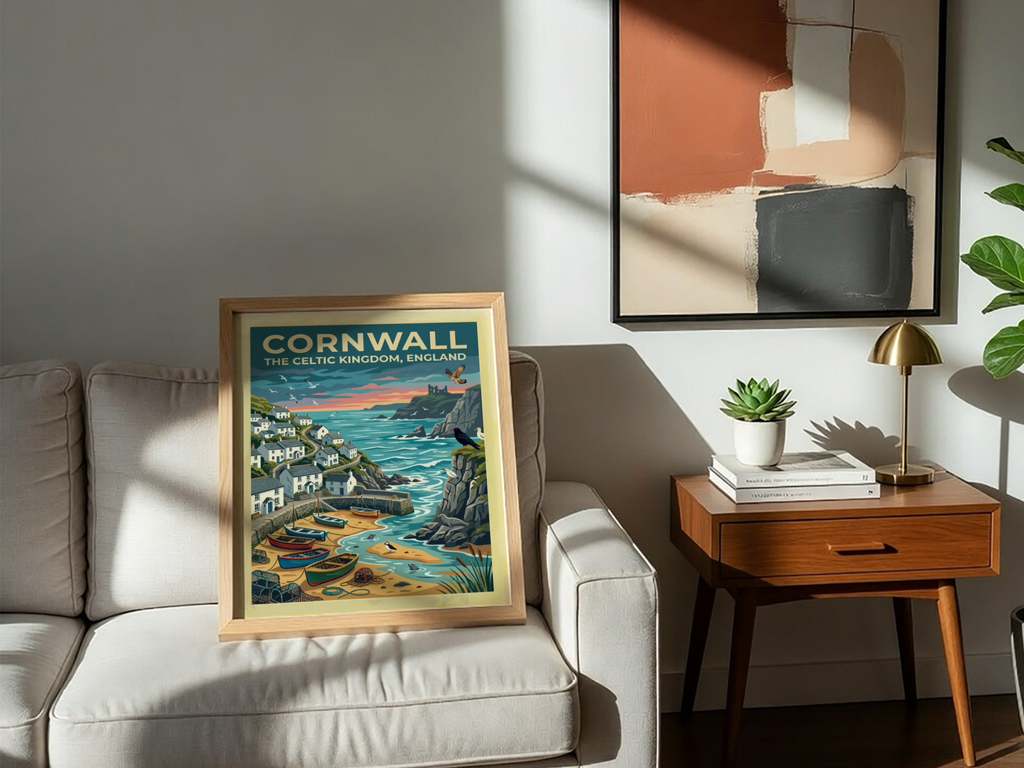 Travel poster of Cornwall featuring white cottages, fishing boats, and seabirds by cliffs.