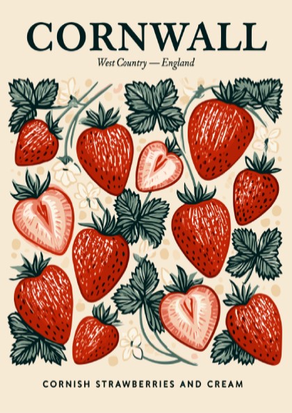 Kitchen poster featuring vibrant strawberries in vintage style, perfect for home decor.