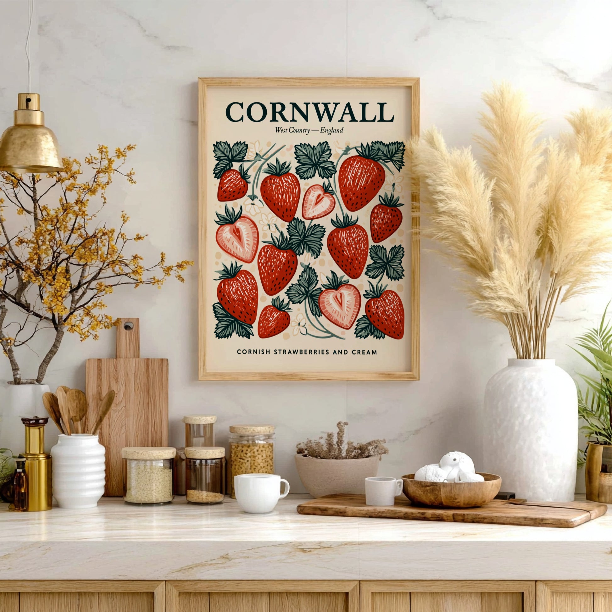 Kitchen poster featuring vibrant strawberries in vintage style, perfect for home decor.