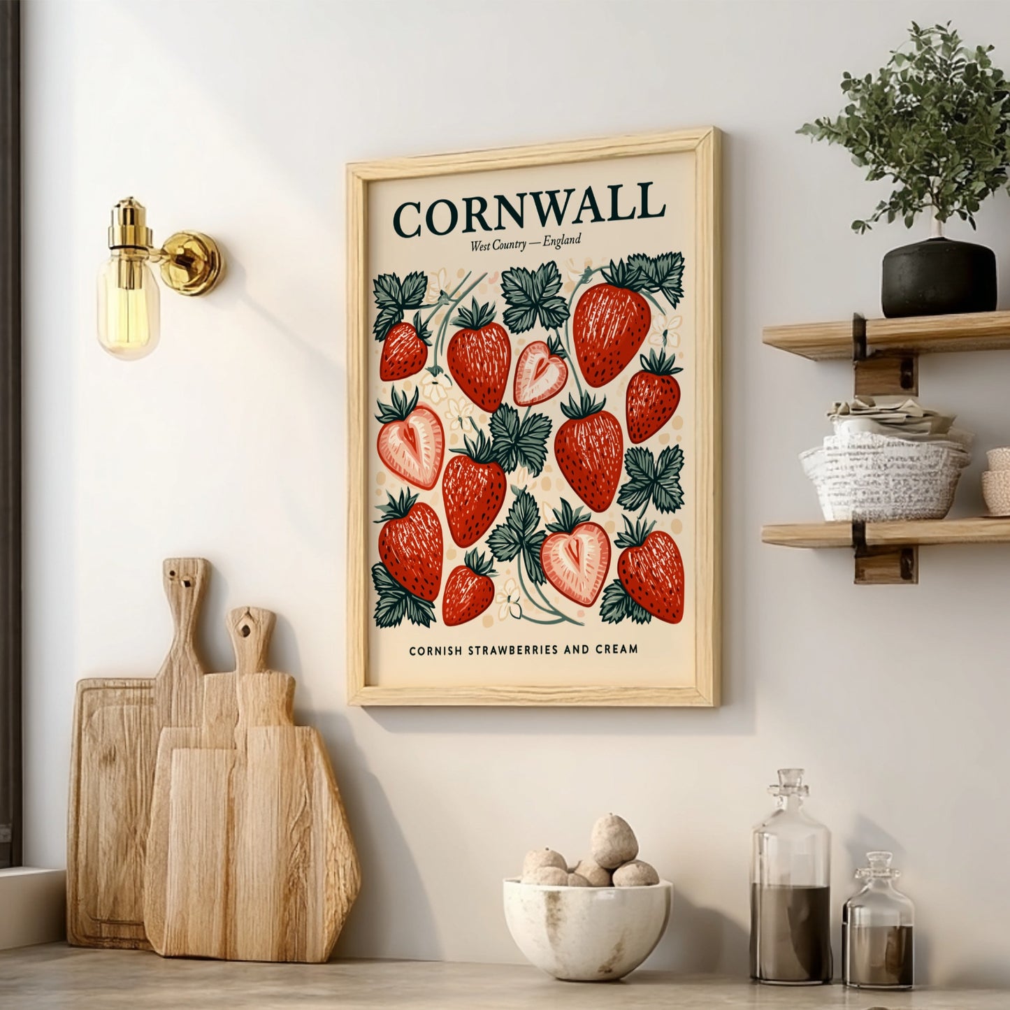 Kitchen poster featuring vibrant strawberries in vintage style, perfect for home decor.