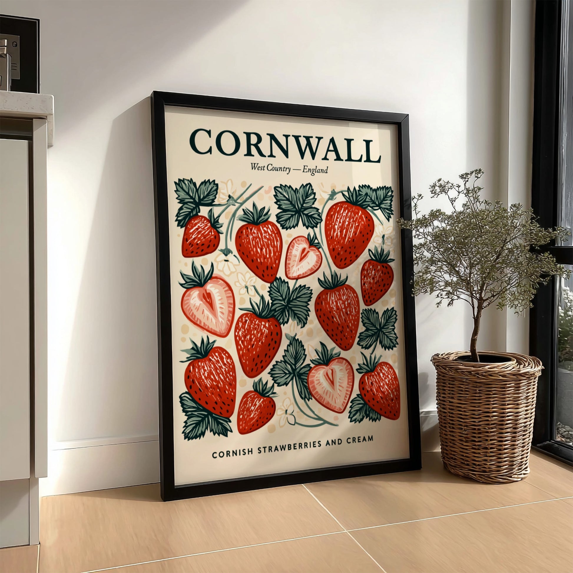 Kitchen poster featuring vibrant strawberries in vintage style, perfect for home decor.