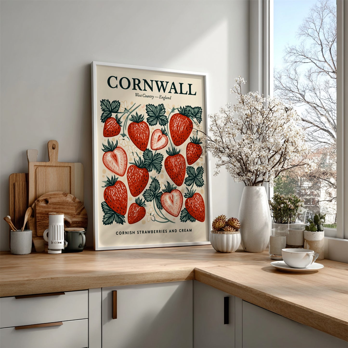 Kitchen poster featuring vibrant strawberries in vintage style, perfect for home decor.